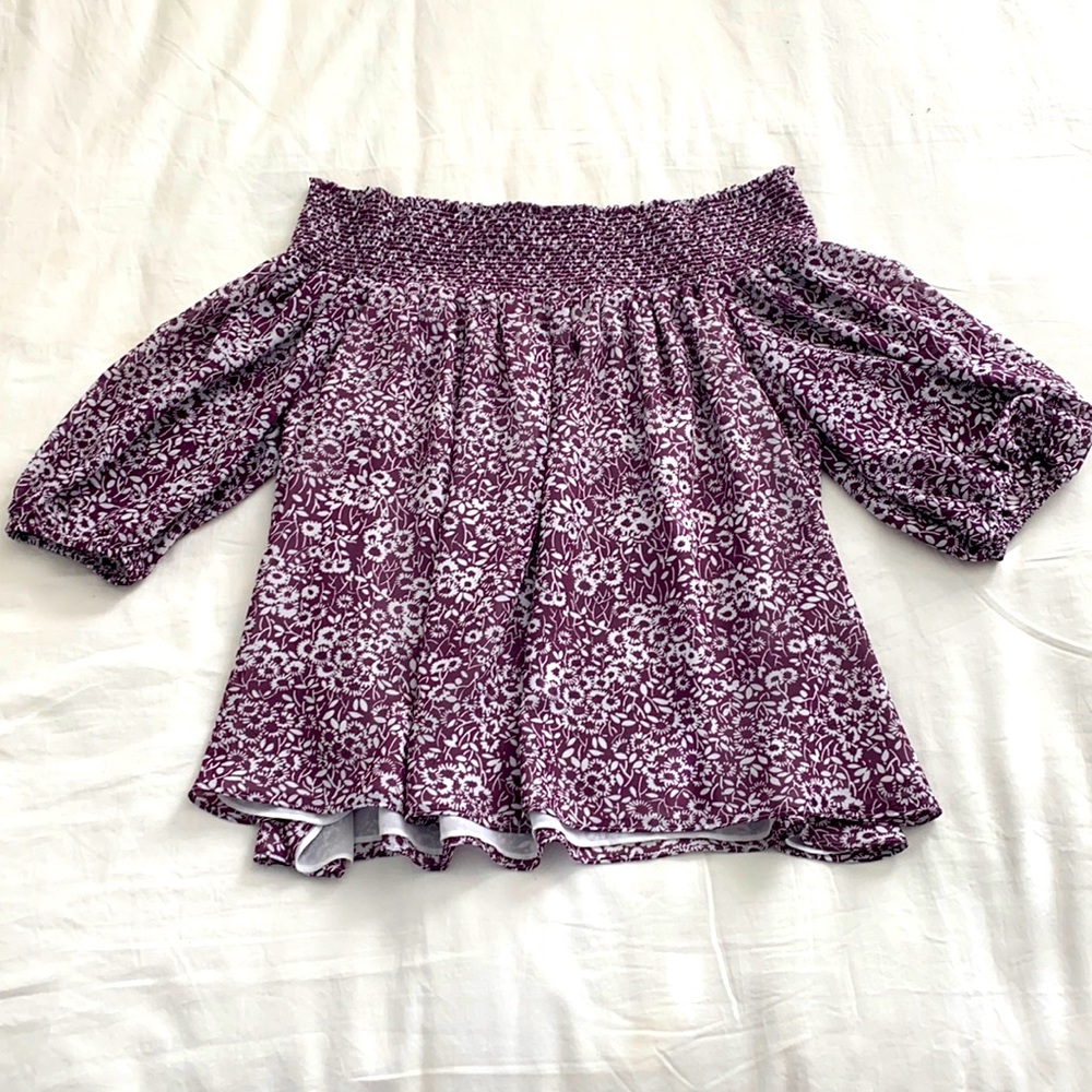 LOFT Petite Purple Off the Shoulder Floral Blouse